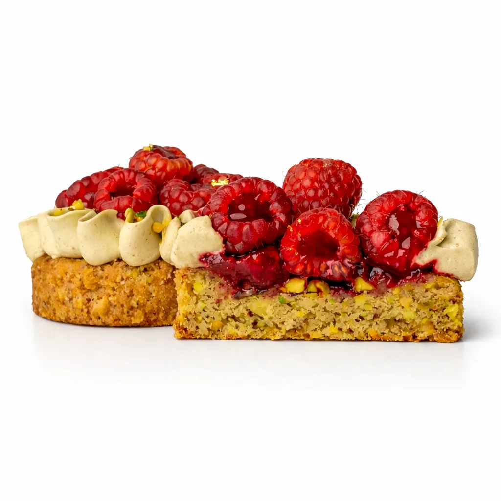 Bretaňský tartlet pistácie–malina